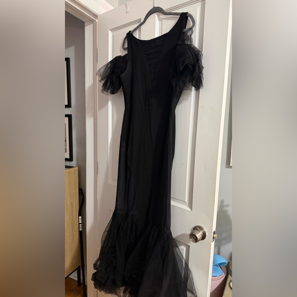 Black Tulle-Sleeve Mermaid Dress with Sheet Accents